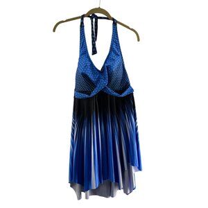 Blue & Black Halter Neck Polka Dot Swim Dress Cover-Up‎ 2XL Beachwear Slimming